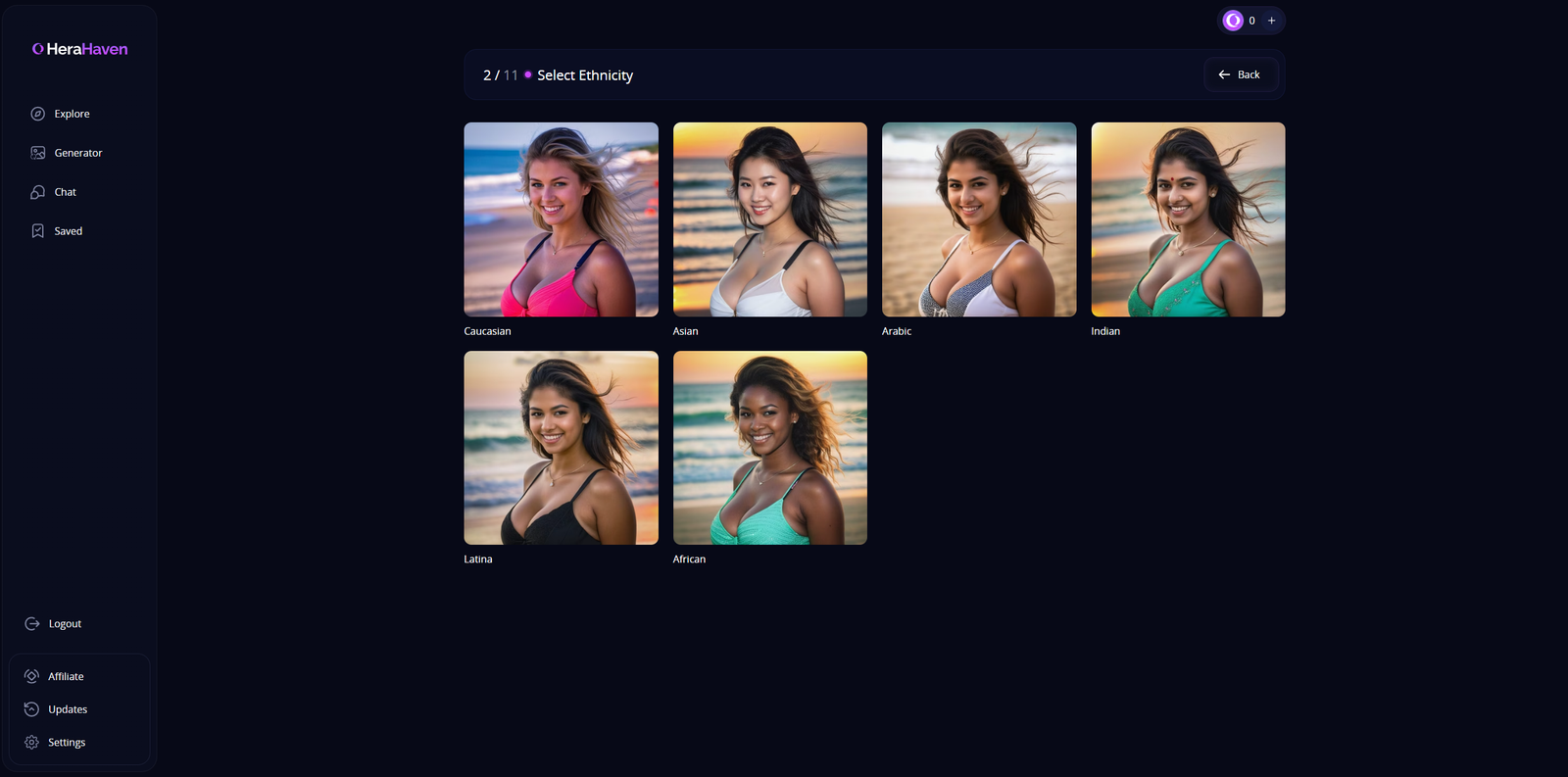 Character generator step 2 showing ethnicity options with diverse female portraits.