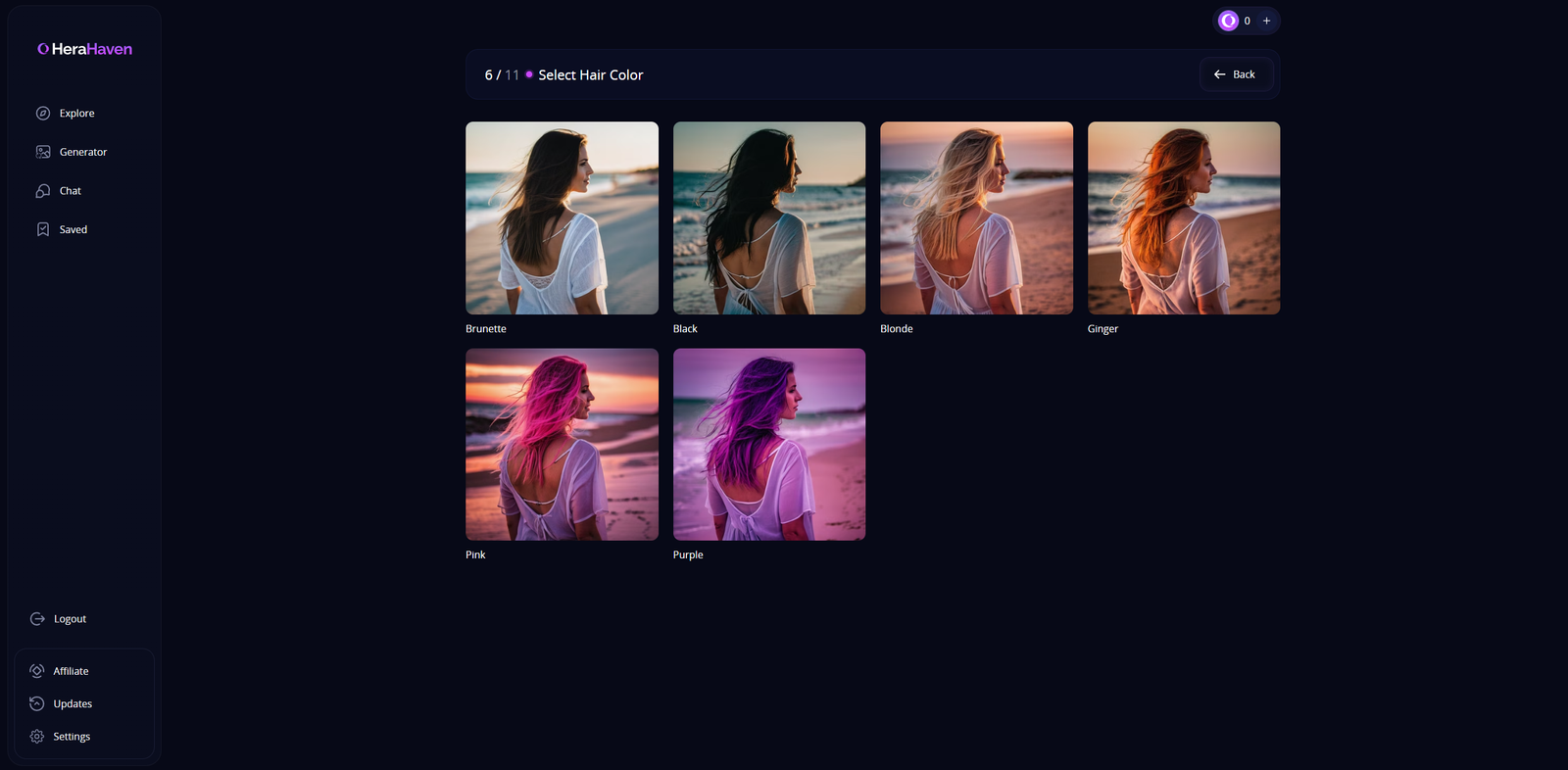 Step 4 hair style chooser showing back-view portraits with straight, curly, ponytail, and braided hair.