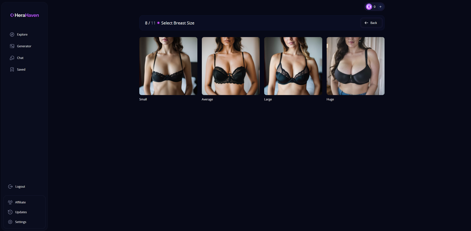 Step 8 breast size options with models illustrating Small, Average, Large, Huge