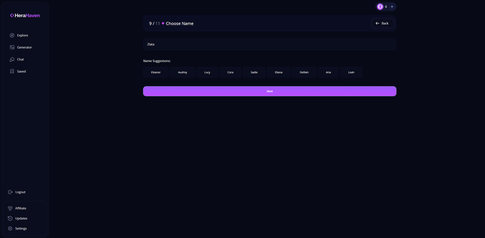 Step 9 name entry field labeled ‘Zlata’ with suggestion buttons (Eleanor, Audrey, etc.).