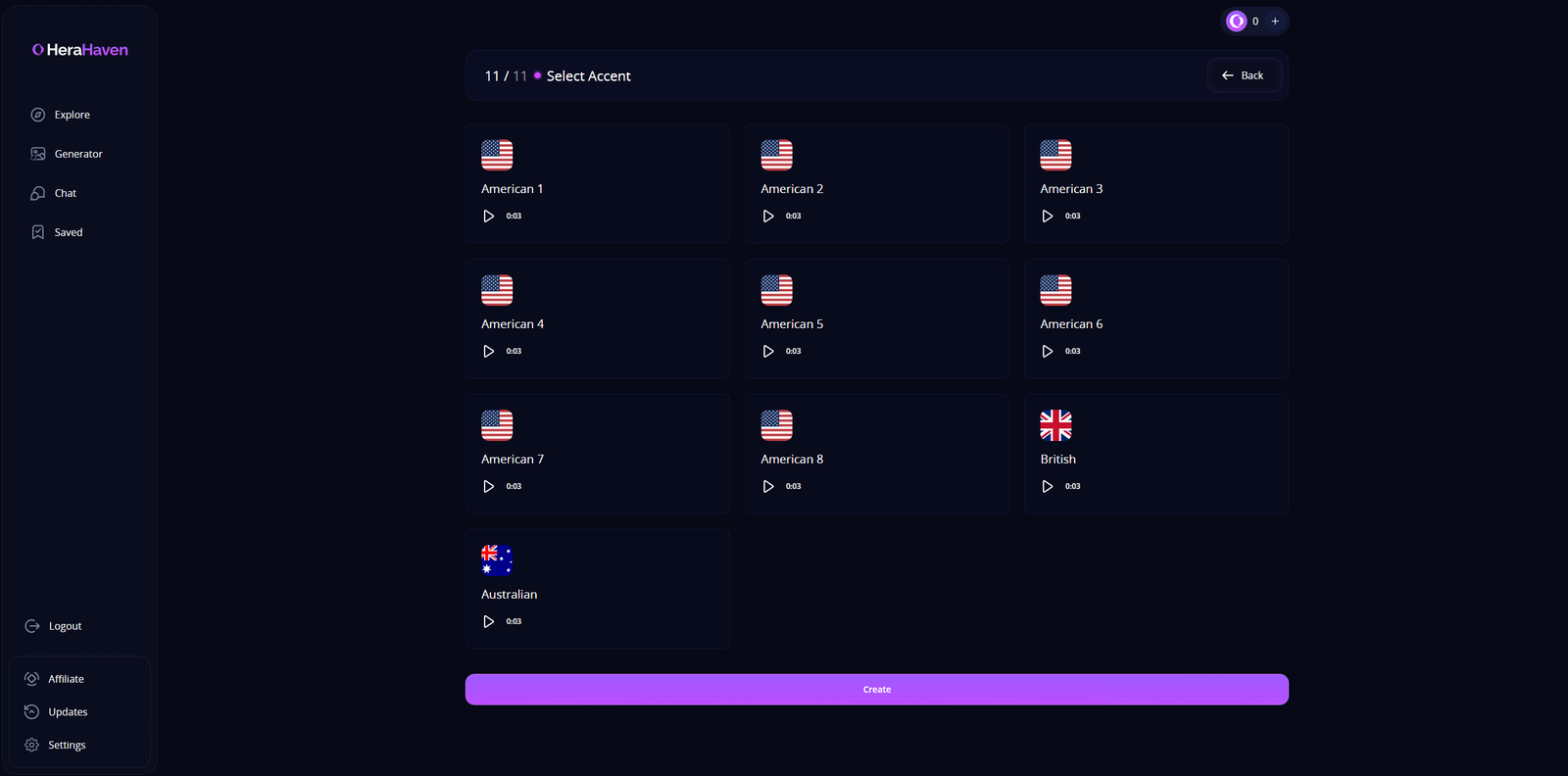 Step 11 accent chooser showing multiple USA flags, British and Australian options with play buttons.