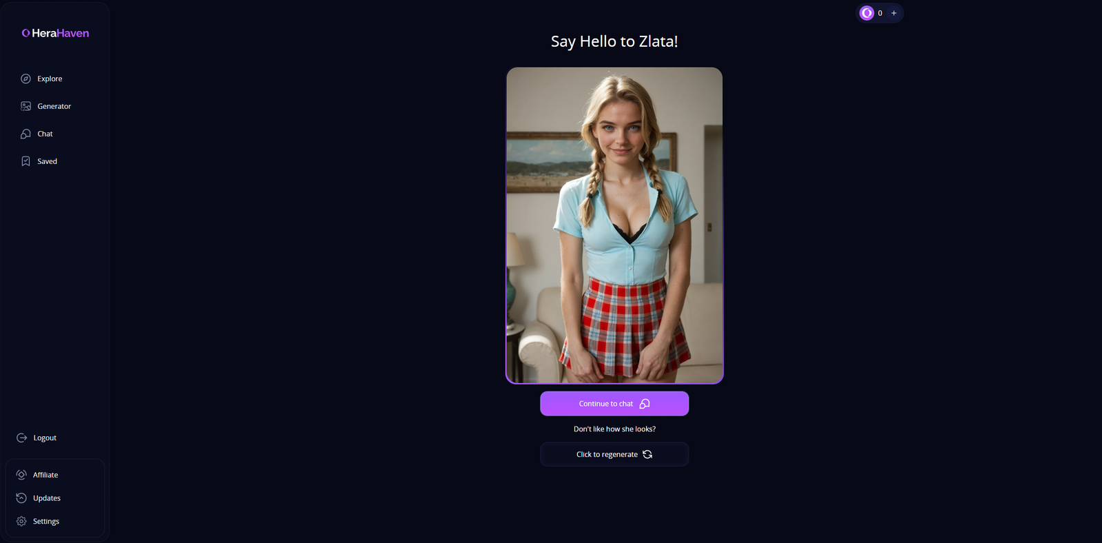 Preview screen ‘Say Hello to Zlata!’ showing the AI-generated portrait and buttons for chat or regenerate.