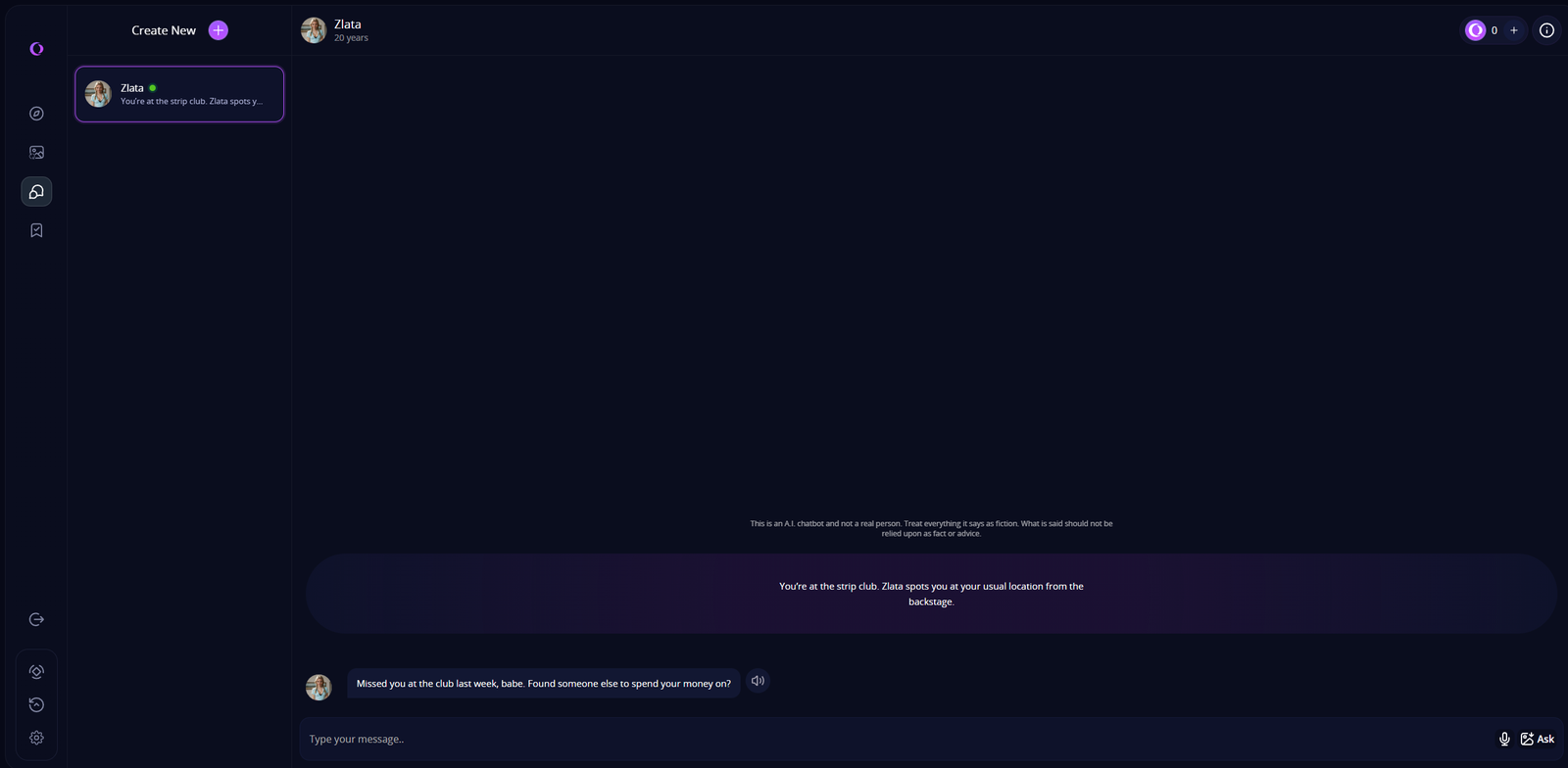HeraHaven chat Zlata interface showing Zlata’s welcome message and initial chat bubble.